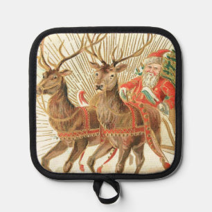 VIntage Christmas Postcard, Santa with Reindeer Pot Holder