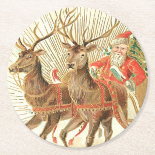 VIntage Christmas Postcard, Santa with Reindeer Round Paper Coaster