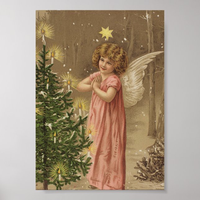 Vintage Christmas Poster Angel and Christmas Tree (Front)