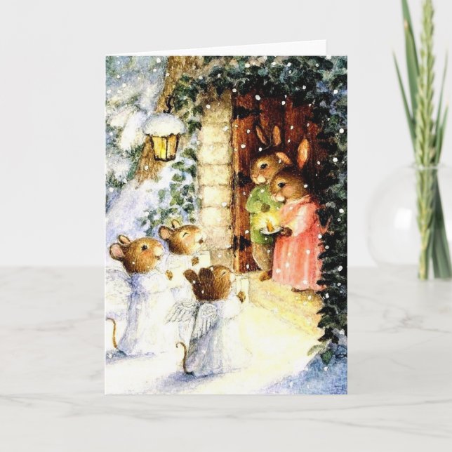 Vintage Christmas Rabbits Holiday Card (Front)
