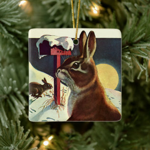 Vintage Christmas, Rabbits in a Winter Snow Meadow Ceramic Ornament