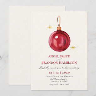 Vintage christmas red ball minimalist wedding invitation