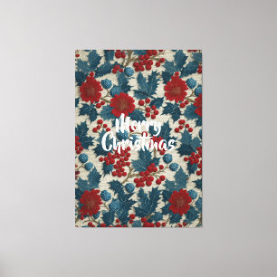 Vintage Christmas Red Berry Botanical Linen Canvas Print
