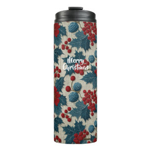 Vintage Christmas Red Berry Botanical Linen Thermal Tumbler