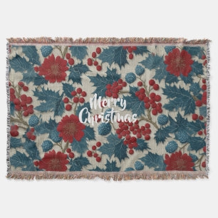 Vintage Christmas Red Berry Botanical Linen Throw Blanket