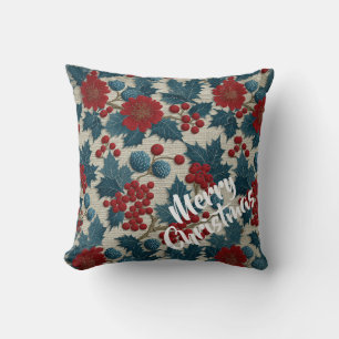 Vintage Christmas Red Berry Botanical Linen Throw Pillow