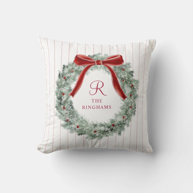 Vintage Christmas Red Bow Wreath Monogram Throw Pillow (Front)