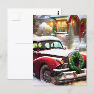 Vintage Christmas Red Car in Snow Postcard