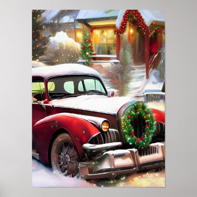 Vintage Christmas Red Car in Snow  Poster (Front)