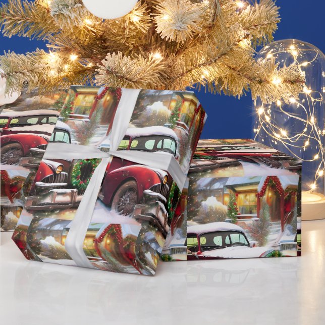 Vintage Christmas Red Car in Snow  Wrapping Paper (Holidays)