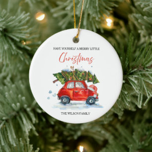 Vintage Christmas Red Car & Tree Ceramic Ornament