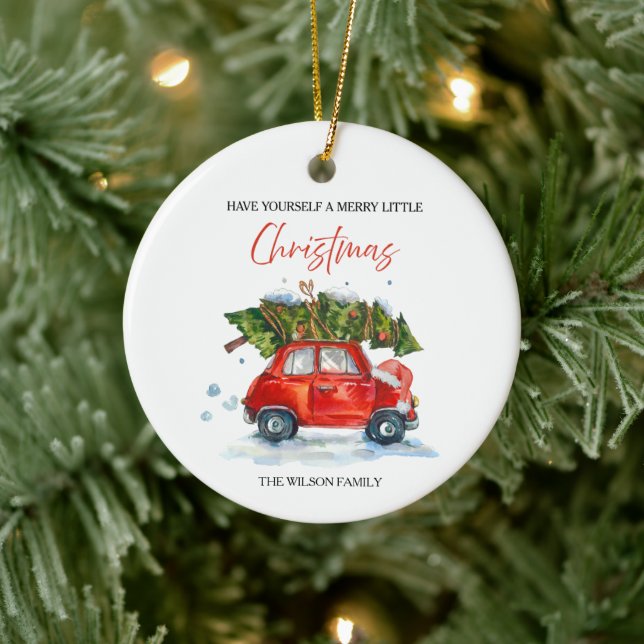 Vintage Christmas  Red Car & Tree Ceramic Ornament (Tree)