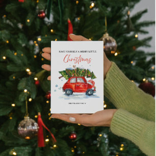 Vintage Christmas  Red Car & Tree Holiday Card