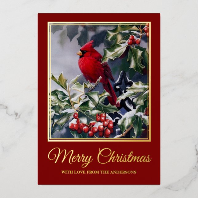 Vintage Christmas Red Cardinal Bird Foil Holiday Card (Front)
