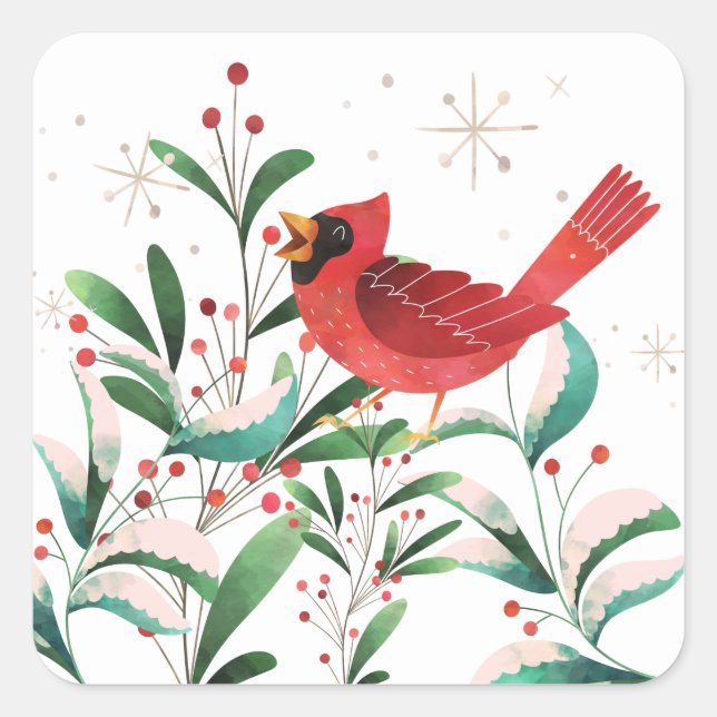 Vintage Christmas Red Cardinal Snowy Holly Square Sticker (Front)