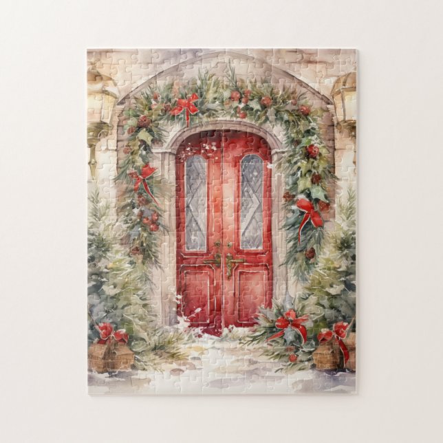 Vintage Christmas Red Door Jigsaw Puzzle (Vertical)