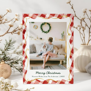 Vintage Christmas Red Gingham Pattern 1 Photo Holiday Card