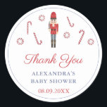 Vintage Christmas Red Nutcracker Candy Canes Favou Classic Round Sticker<br><div class="desc">Thank you stickers for any event (shown here for a Baby Shower but all of the text fields are customizable). The design features my red Nutcracker ballet wooden soldier and candy canes illustrations,  originally painted in watercolor,  before being scanned into digital form..</div>