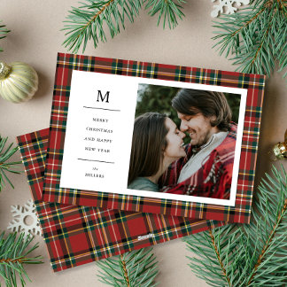 Vintage Christmas Red Plaid Monogram One Photo Holiday Card