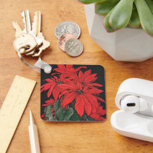 Vintage Christmas Red Poinsettia Plants Flowers Keychain