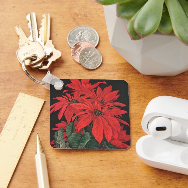 Vintage Christmas Red Poinsettia Plants Flowers Keychain (Desk)