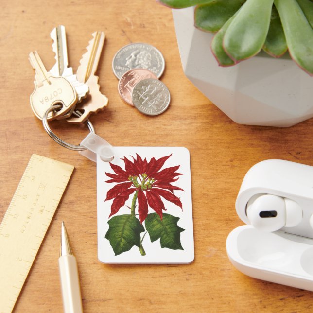 Vintage Christmas, Red Poinsettia Winter Plant Keychain (Desk)