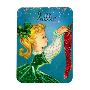 Vintage Christmas red socks glitter girl monogram Magnet