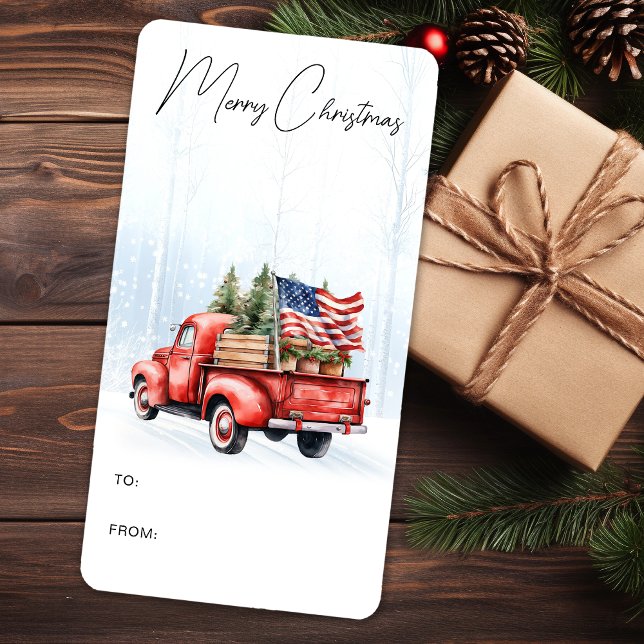 Vintage Christmas Red Truck Patriotic Flag Gift Label (Creator Uploaded)