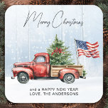 Vintage Christmas Red Truck Patriotic USA Flag Square Sticker<br><div class="desc">Vintage Red Truck Christmas Cards Celebrate the Holidays with Patriotic Charm Spread joy and festive cheer this holiday season with our Vintage Red Truck Christmas Cards. Perfectly capturing the spirit of a rustic winter wonderland, these cards feature a charming red truck adorned with a Christmas tree in the back, set...</div>