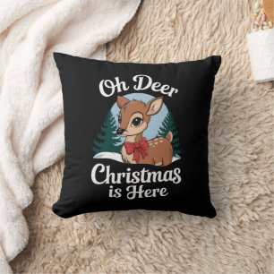Vintage Christmas Reindeer Oh Deer Christmas Here Throw Pillow