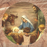 Vintage Christmas, Religious Nativity w Baby Jesus Classic Round Sticker<br><div class="desc">Vintage illustration religious Christmas holiday image featuring a beautiful classic nativity family scene with Mary,  Joseph and the infant Jesus Christ in the manger in Bethlehem. A Christian religion scene with children gathered holding hands around the baby boy child.</div>