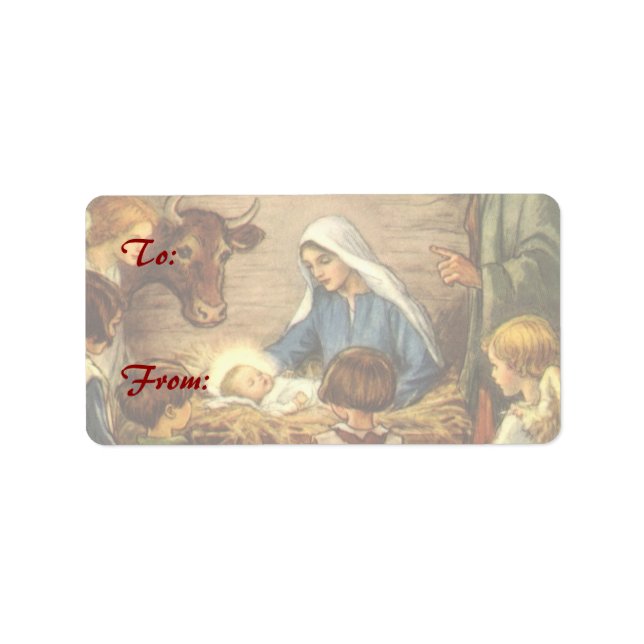 Vintage Christmas, Religious Nativity w Baby Jesus Label (Front)