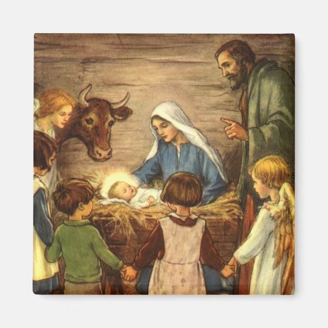 Vintage Christmas, Religious Nativity w Baby Jesus Magnet (Front)