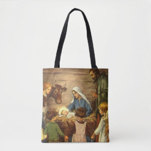 Vintage Christmas, Religious Nativity w Baby Jesus Tote Bag
