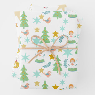 Vintage Christmas Retro Groovy Pink, Blue, Green Wrapping Paper Sheet