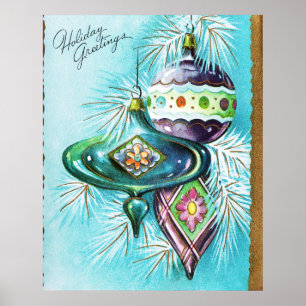 Vintage Christmas retro Holiday bulbs poster