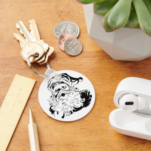 Vintage Christmas, Retro Jolly Santa Claus, black Keychain (Desk)