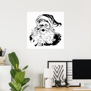 Vintage Christmas, Retro Jolly Santa Claus, Black Poster