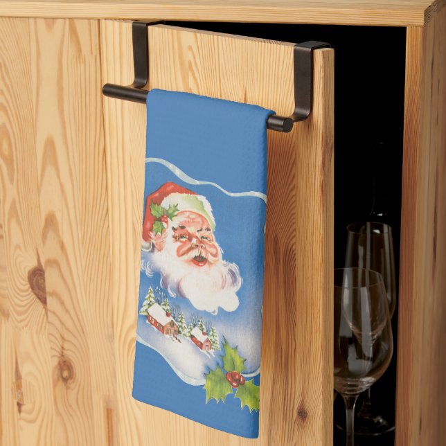 Vintage Christmas, Retro Jolly Santa Claus Kitchen Towel (Thirds Fold)