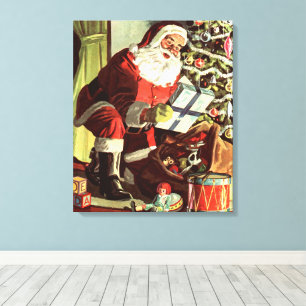 Vintage Christmas, Retro Santa Claus with Presents Canvas Print