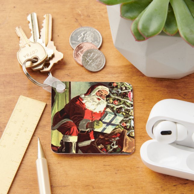 Vintage Christmas, Retro Santa Claus with Presents Keychain (Desk)