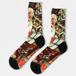 Vintage Christmas, Retro Santa Claus with Presents Socks