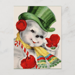 Vintage Christmas retro snowman Holiday postcard
