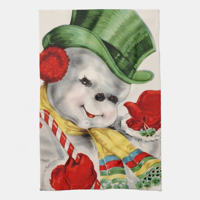 Vintage Christmas retro snowman kitchen towel (Vertical)