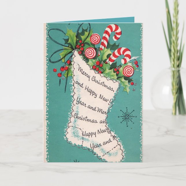 Vintage Christmas retro stocking add text card (Front)