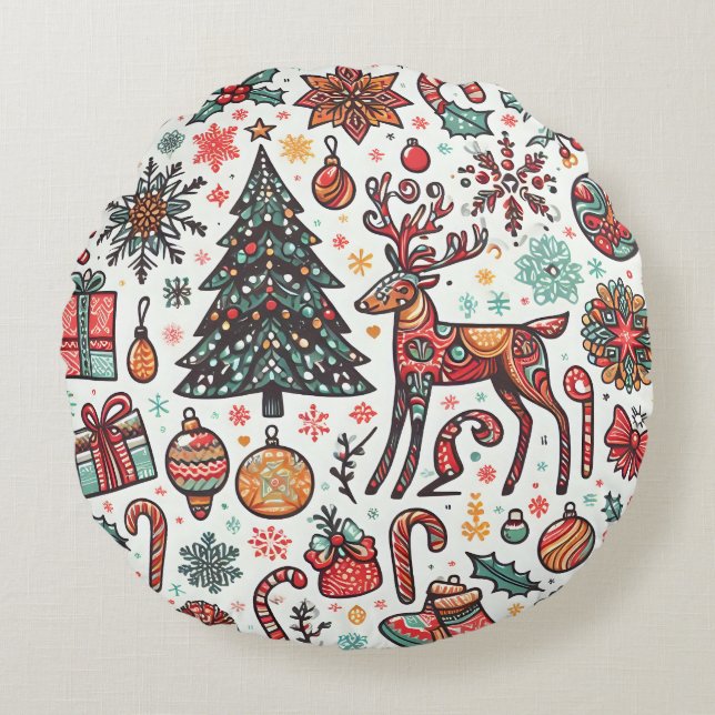 Vintage Christmas Retro Tree Gift Round Pillow (Front)