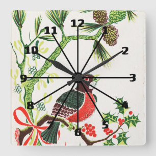 Vintage Christmas Robin Square Wall Clock