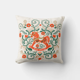 Vintage Christmas rocking horse illustration Poste Throw Pillow