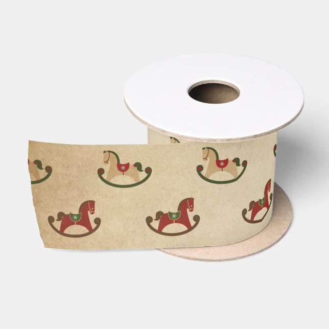 Vintage Christmas Rocking Horse Pattern Satin Ribbon (Spool)