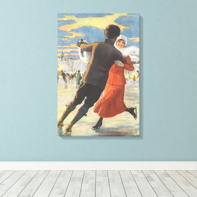 Vintage Christmas, Romantic Couple Ice Skating Canvas Print (Insitu(Wood Floor))